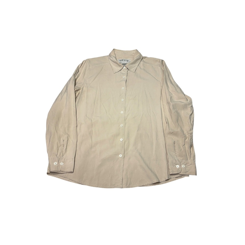 Orvis Sporting Traditions Womens Medium 100% Silk Button Down Shirt Beige Sand